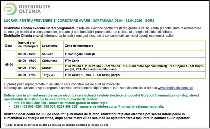 Distribuţie Oltenia anunţă programul de întrerupere a furnizării energiei electrice din data de 08.04.2026
