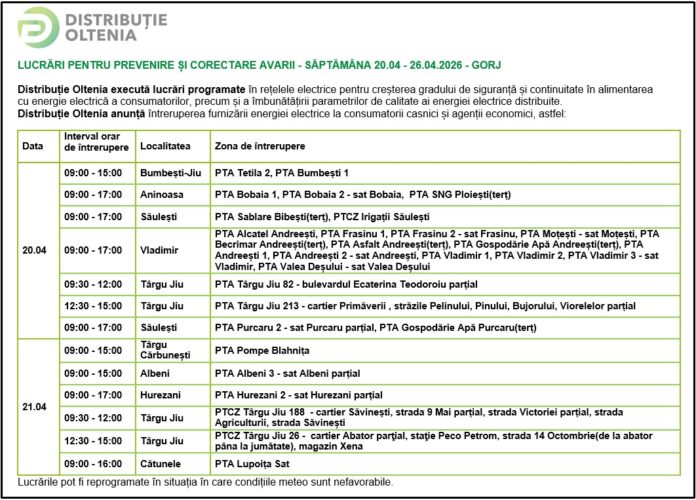 Distribuţie Oltenia anunţă programul de întrerupere a furnizării energiei electrice din data de 20.04.2026 și 21.04.2026