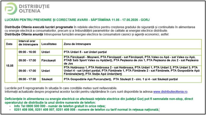 Distribuţie Oltenia anunţă programul de întrerupere a furnizării energiei electrice din data de 15.05.2026.