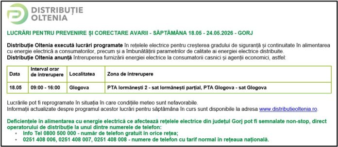 Distribuţie Oltenia anunţă programul de întrerupere a furnizării energiei electrice din data de 18.05.2026