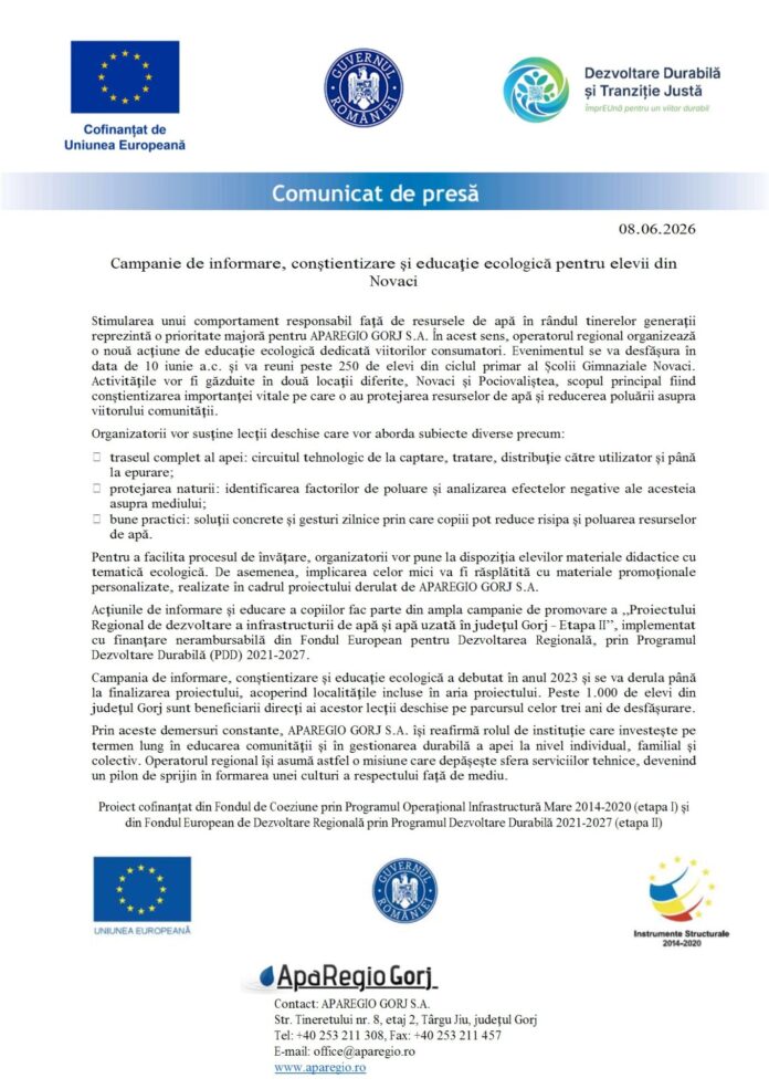 COMUNICAT DE PRESĂ - Campanie de informare, conștientizare și educație ecologică pentru elevii din Novaci