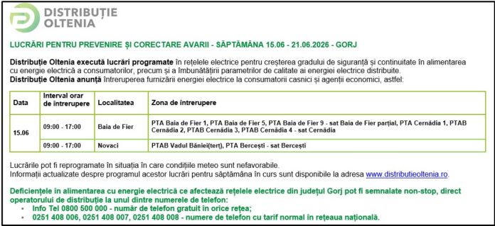 Distribuţie Oltenia anunţă programul de întrerupere a furnizării energiei electrice din data de 15.06.2026
