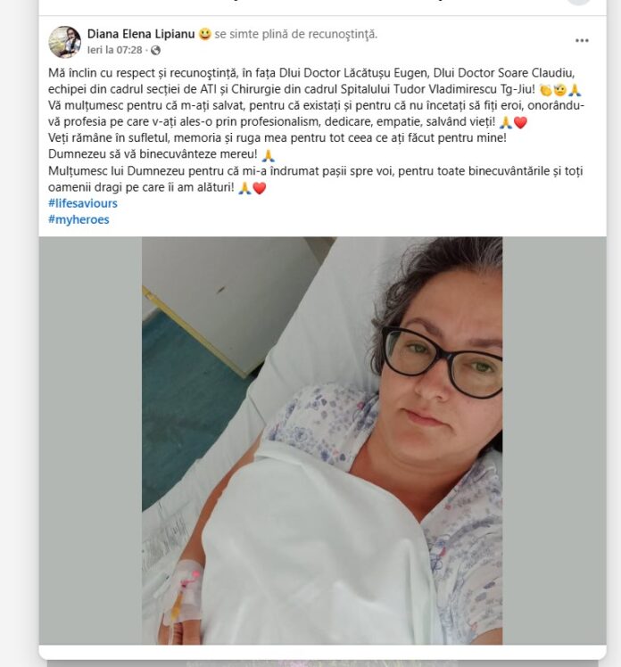 O pacientă din Gorj, mesaj emoționant pentru medicii care i-au salvat viața: „Nu încetați să fiți eroi”