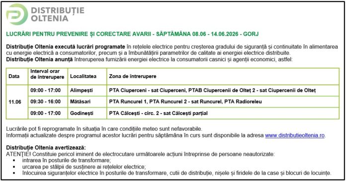 Distribuţie Oltenia anunţă programul de întrerupere a furnizării energiei electrice din data de 11.06.2026