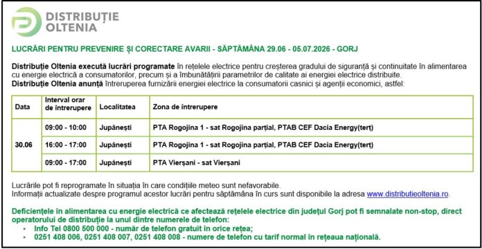 Distribuţie Oltenia anunţă programul de întrerupere a furnizării energiei electrice din data de 30.06.2026