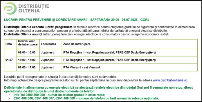 Distribuţie Oltenia anunţă programul de întrerupere a furnizării energiei electrice din data de 01.07.2026