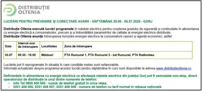 Distribuţie Oltenia anunţă programul de întrerupere a furnizării energiei electrice din data de 03.07.2026