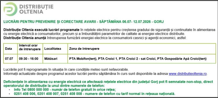 Distribuţie Oltenia anunţă programul de întrerupere a furnizării energiei electrice din data de 07.07.2026