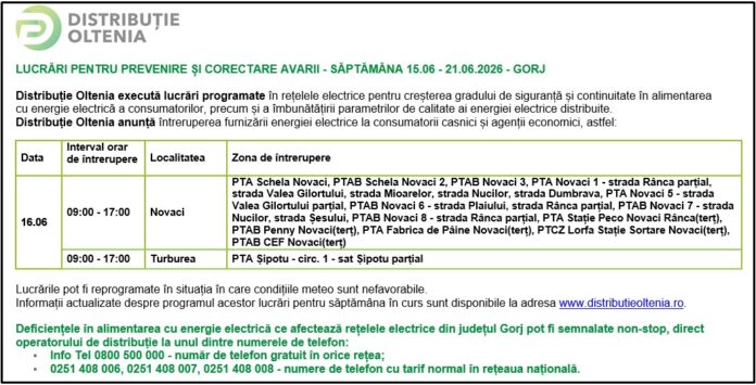 Distribuţie Oltenia anunţă programul de întrerupere a furnizării energiei electrice din data de 16.06.2026