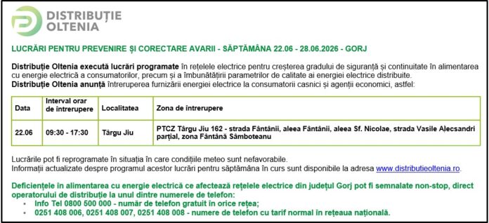 Distribuţie Oltenia anunţă programul de întrerupere a furnizării energiei electrice din data de 22.06.2026