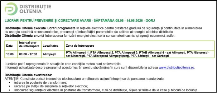 Distribuţie Oltenia anunţă programul de întrerupere a furnizării energiei electrice din data de 10.06.2026