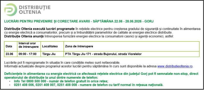 Distribuţie Oltenia anunţă programul de întrerupere a furnizării energiei electrice din data de 23.06.2026