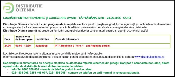 Distribuţie Oltenia anunţă programul de întrerupere a furnizării energiei electrice din data de 24.06.2026