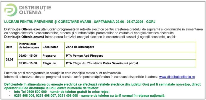 Distribuţie Oltenia anunţă programul de întrerupere a furnizării energiei electrice din data de 29.06.2026