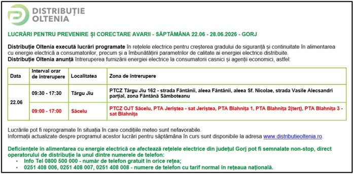 Distribuţie Oltenia anunţă modificări ale programului de întrerupere a furnizării energiei electrice din data de 22.06.2026