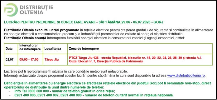 Distribuţie Oltenia anunţă modificări ale programului de întrerupere a furnizării energiei electrice din data de 02.07.2026