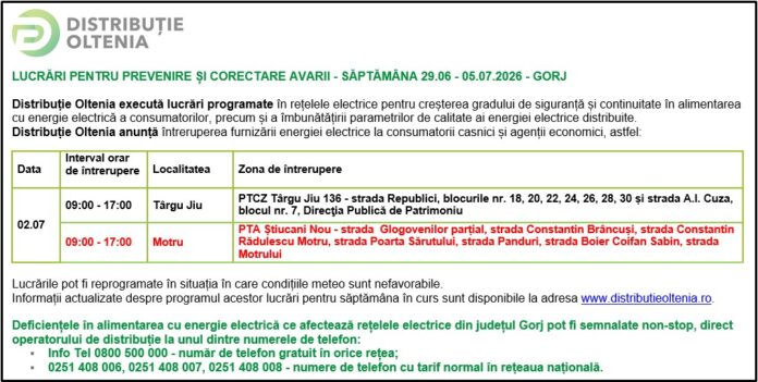 Distribuţie Oltenia anunţă modificări ale programului de întrerupere a furnizării energiei electrice din data de 02.07.2026