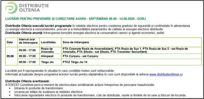 Distribuţie Oltenia anunţă programul de întrerupere a furnizării energiei electrice din data de 09.06.2026
