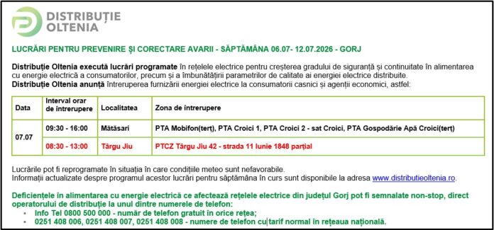 Distribuţie Oltenia anunţă modificări ale programului de întrerupere a furnizării energiei electrice din data de 07.07.2026