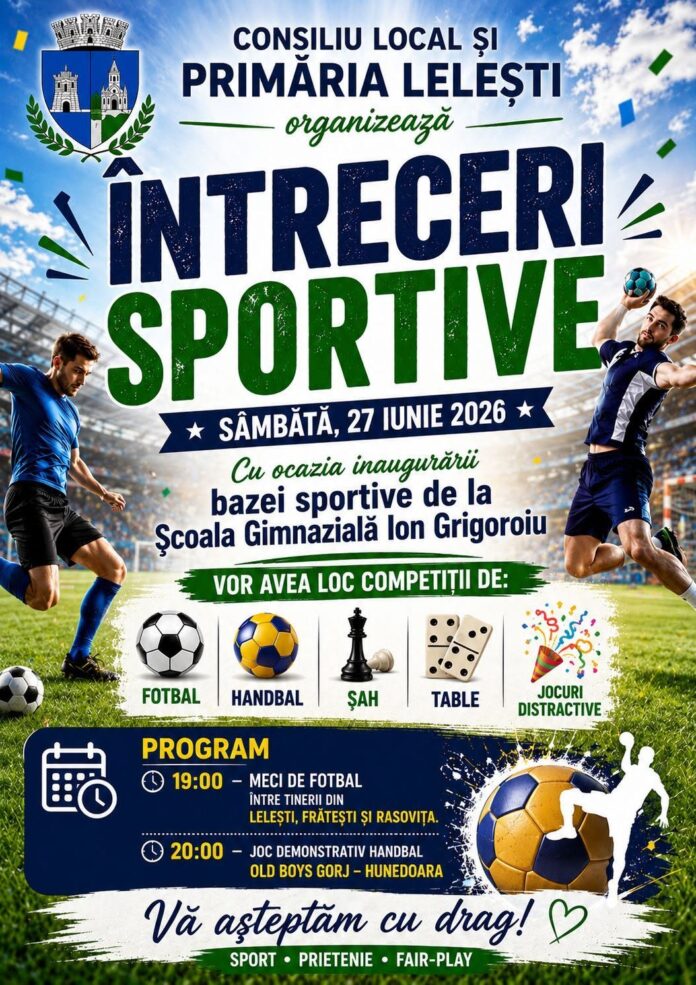 Lelești inaugurează noua bază sportivă de la Școala Gimnazială „Ion Grigoroiu”. Competiții de fotbal, handbal, șah și table pentru întreaga comunitate