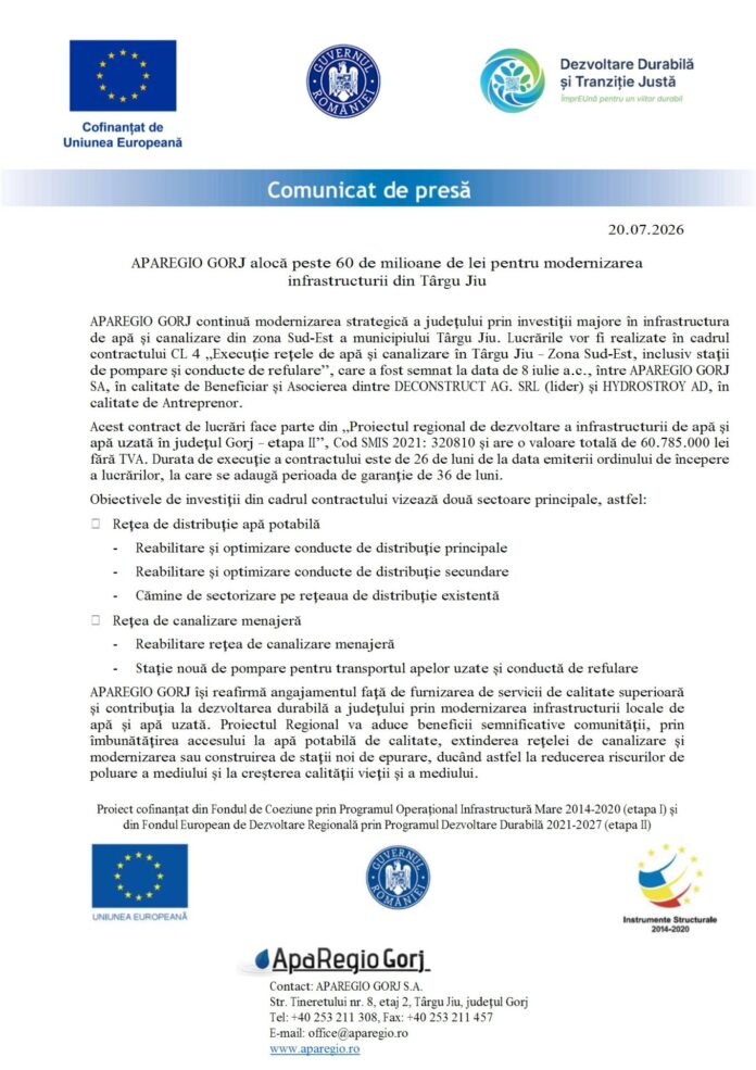 APAREGIO GORJ alocă peste 60 de milioane de lei pentru modernizarea infrastructurii din Târgu Jiu