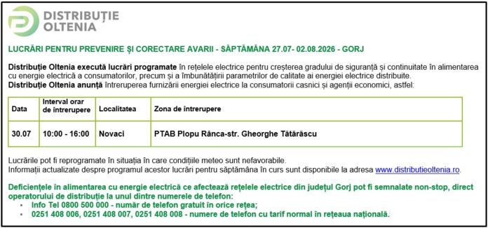 Distribuţie Oltenia anunţă programul de întrerupere a furnizării energiei electrice din data de 30.07.2026