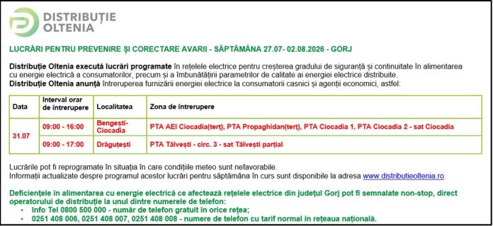 Distribuţie Oltenia anunţă programul de întrerupere a furnizării energiei electrice din data de 31.07.2026