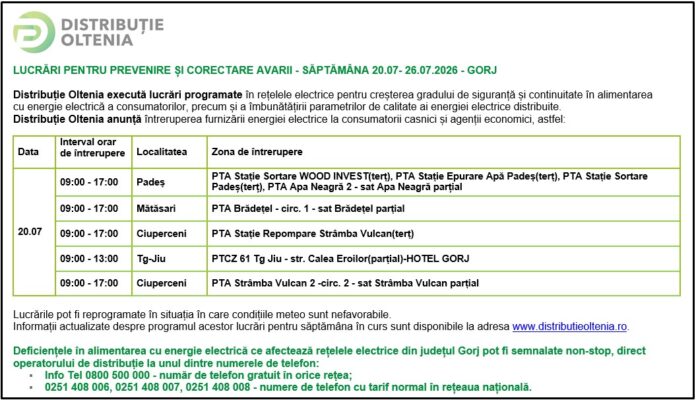 Distribuţie Oltenia anunţă programul de întrerupere a furnizării energiei electrice din data de 20.07.2026