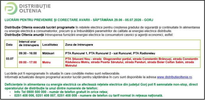 Distribuţie Oltenia anunţă modificări ale programului de întrerupere a furnizării energiei electrice din data de 03.07.2026