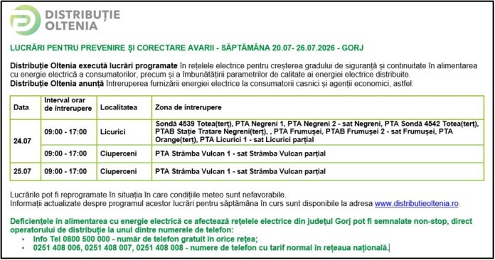 Distribuţie Oltenia anunţă programul de întrerupere a furnizării energiei electrice din data de 24.07.2026 și 25.07.2026
