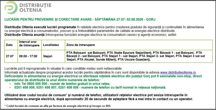 Distribuţie Oltenia anunţă modificări ale programului de întrerupere a furnizării energiei electrice din data de 27.07.2026