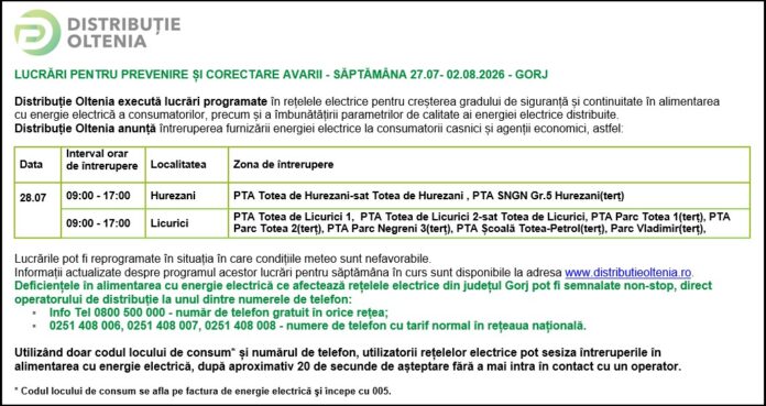 Distribuţie Oltenia anunţă programul de întrerupere a furnizării energiei electrice din data de 28.07.2026.