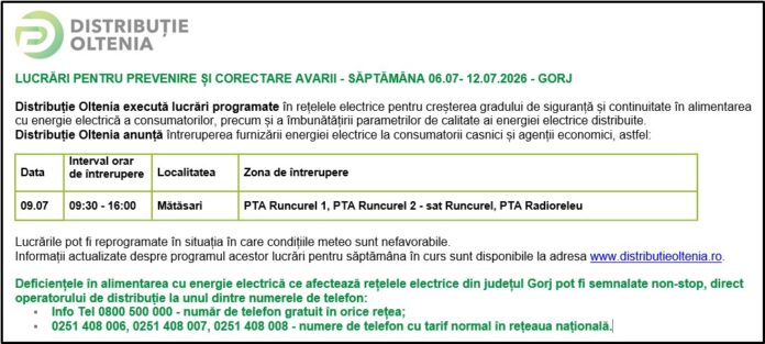 Distribuţie Oltenia anunţă programul de întrerupere a furnizării energiei electrice din data de 09.07.2026