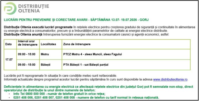 Distribuţie Oltenia anunţă programul de întrerupere a furnizării energiei electrice din data de 17.07.2026