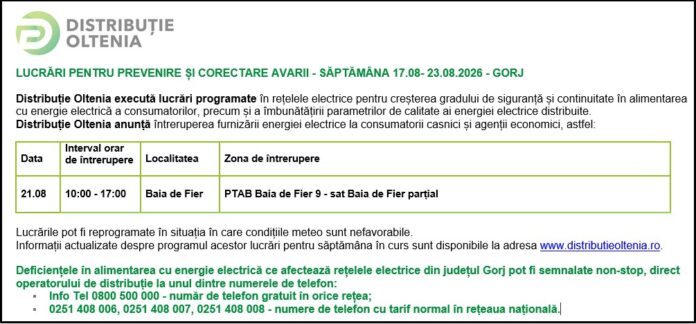 Distribuţie Oltenia anunţă programul de întrerupere a furnizării energiei electrice din data de 21.08.2026