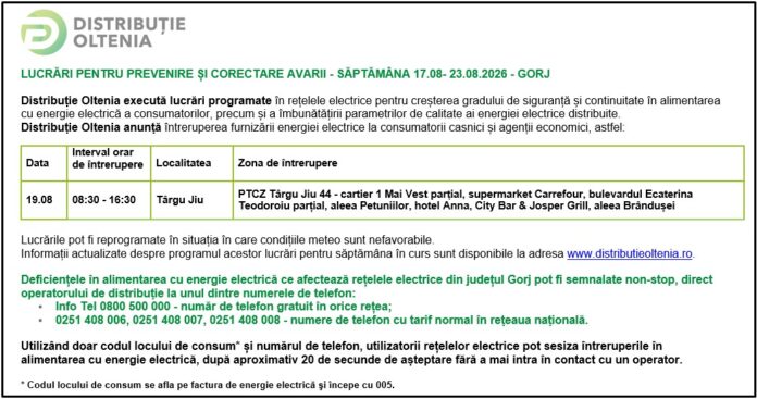 Distribuţie Oltenia anunţă programul de întrerupere a furnizării energiei electrice din data de 19.08.2026