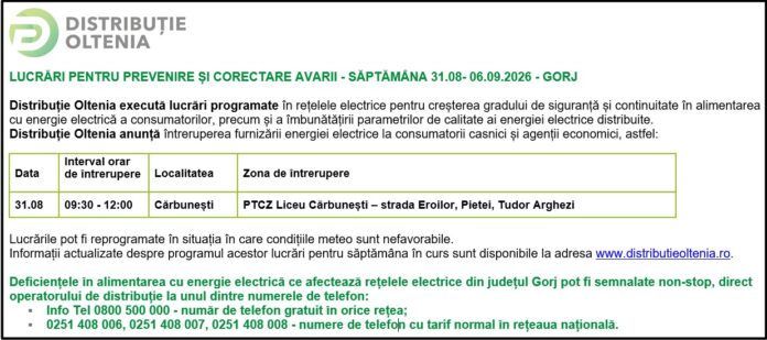 Distribuţie Oltenia anunţă programul de întrerupere a furnizării energiei electrice din data de 31.08.2026