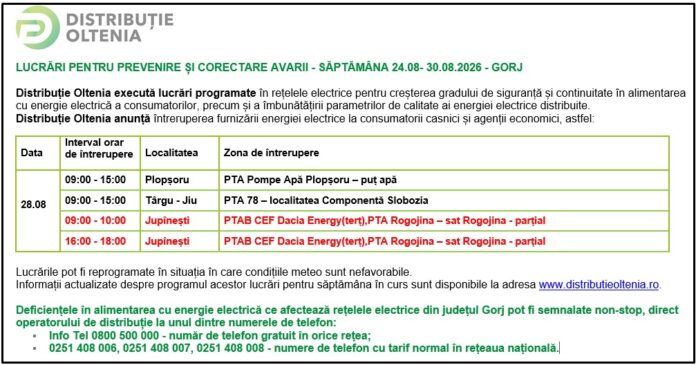 Distribuţie Oltenia anunţă modificări ale programului de întrerupere a furnizării energiei electrice din data de 28.08.2026