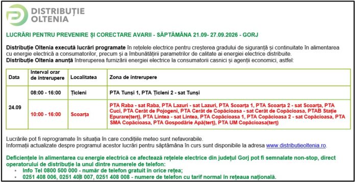 Distribuţie Oltenia anunţă programul de întrerupere a furnizării energiei electrice din data de 24.09.2026