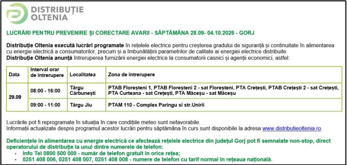 Distribuţie Oltenia anunţă programul de întrerupere a furnizării energiei electrice din data de 29.09.2026