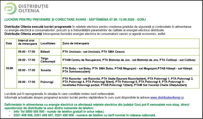 Distribuţie Oltenia anunţă programul de întrerupere a furnizării energiei electrice din data de 10.09.2026