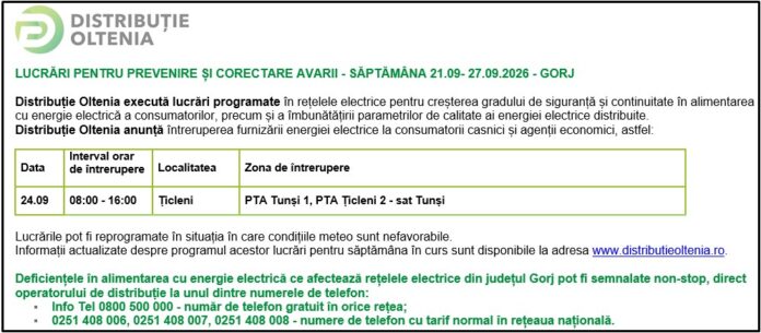 Distribuţie Oltenia anunţă programul de întrerupere a furnizării energiei electrice din data de 24.09.2026