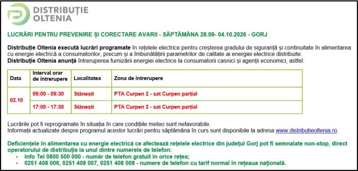 Distribuţie Oltenia anunţă programul de întrerupere a furnizării energiei electrice din data de 02.10.2026