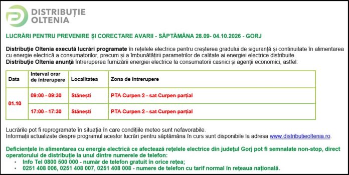 Distribuţie Oltenia anunţă programul de întrerupere a furnizării energiei electrice din data de 01.10.2026