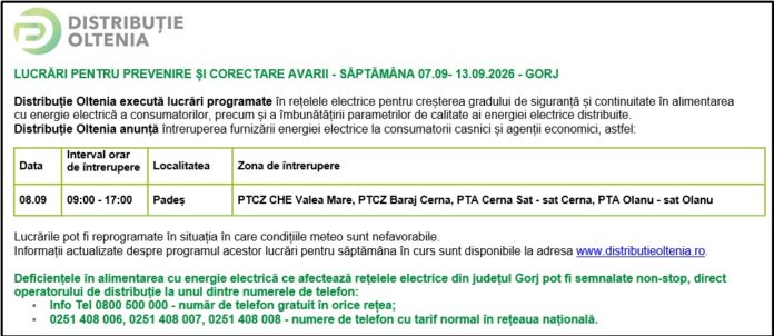 Distribuţie Oltenia anunţă programul de întrerupere a furnizării energiei electrice din data de 08.09.2026