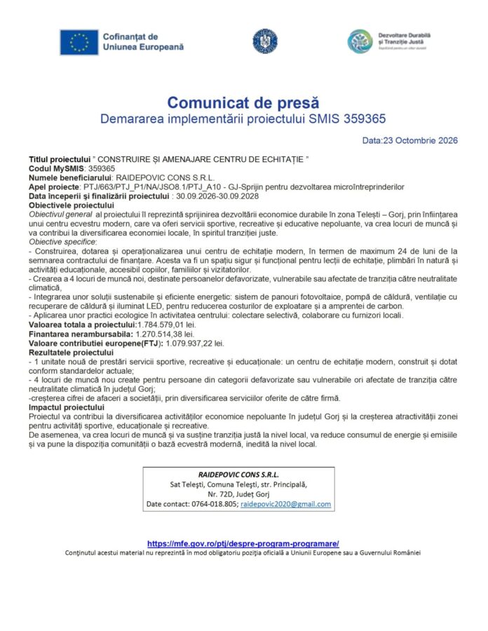Comunicat de presă Demararea implementării proiectului SMIS 359365