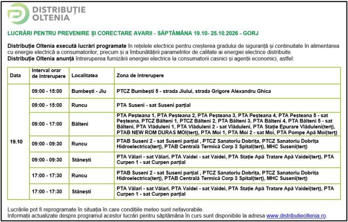 Distribuţie Oltenia anunţă programul de întrerupere a furnizării energiei electrice din data de 19.10.2026