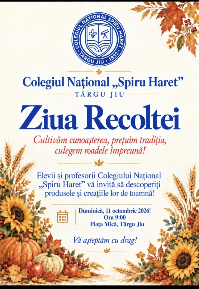 Ziua Recoltei la Târgu Jiu: Elevii de la Colegiul Național „Spiru Haret” vând bunătăți de toamnă pentru un caz caritabil
