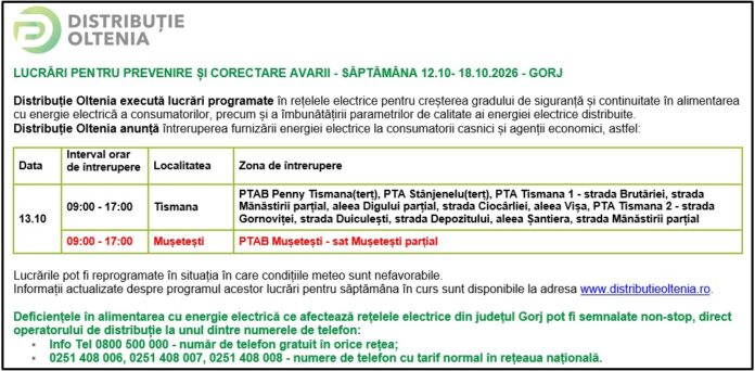 Distribuţie Oltenia anunţă programul de întrerupere a furnizării energiei electrice din data de 12.10.2026