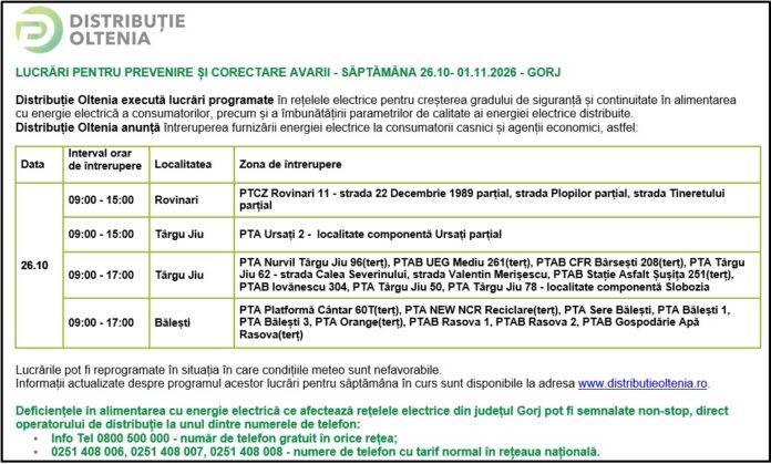 Distribuţie Oltenia anunţă programul de întrerupere a furnizării energiei electrice din data de 26.10.2026